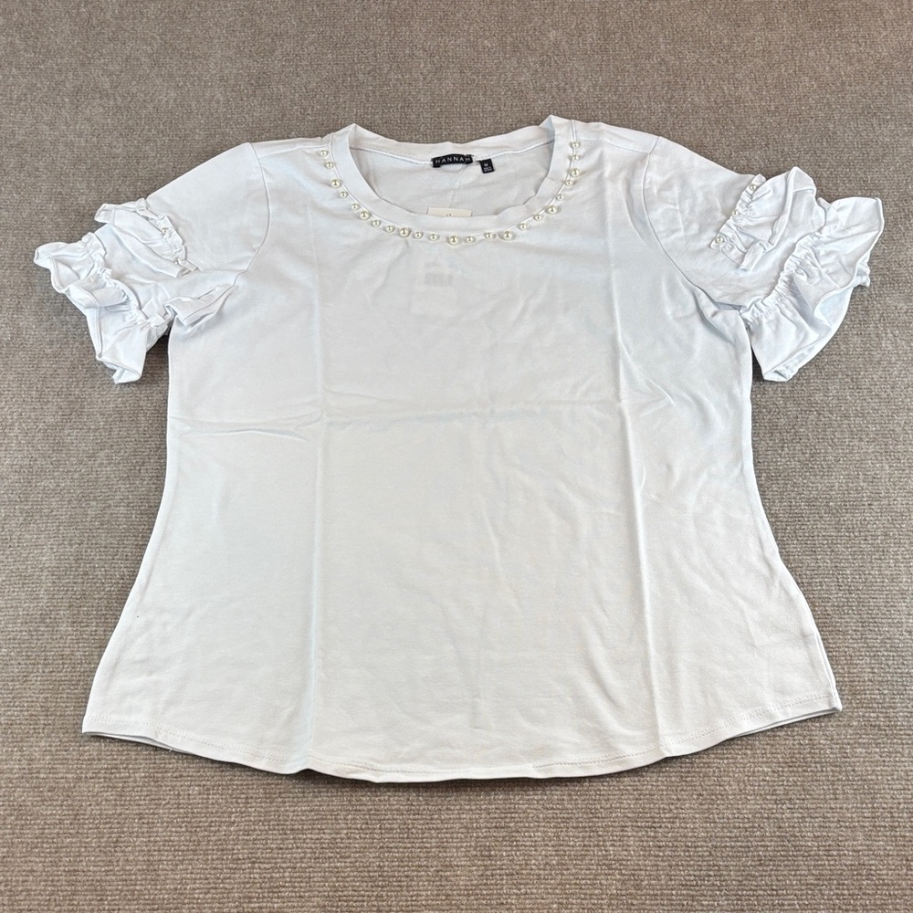 Hannah White Short Sleeve Ruffle Round Neck Pearl Embellishment Top Size M NWT